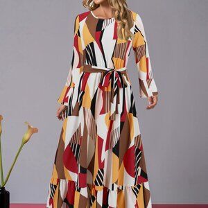 Ruffle Hem Tied Printed Long Sleeve Dress
